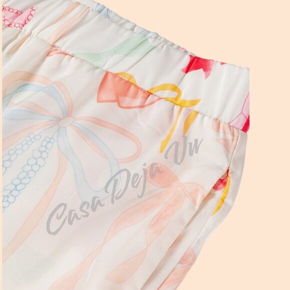 Soft Silky Oversized Pastel Bows Ribbona Wide Leg PJs 2 pc Set - Picture 4 of 10